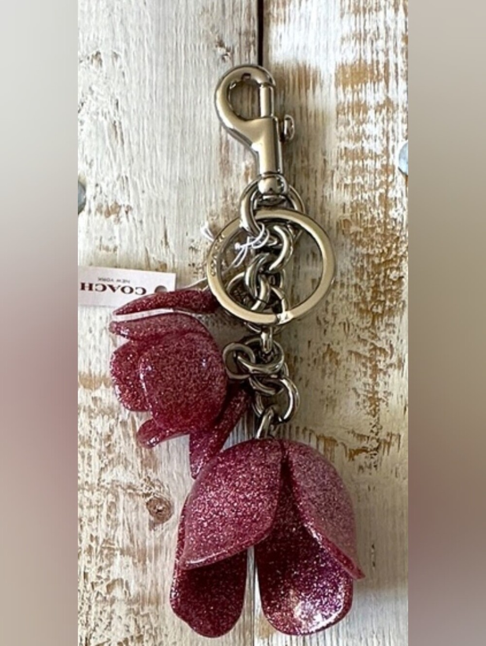 Coach Pink Glitter Floral Keyring Charm with Silver Hardware